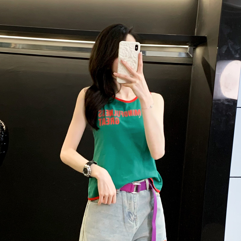 撞色短款背心无袖t恤女夏季新款设计感休闲宽松不规则辣妹上衣潮