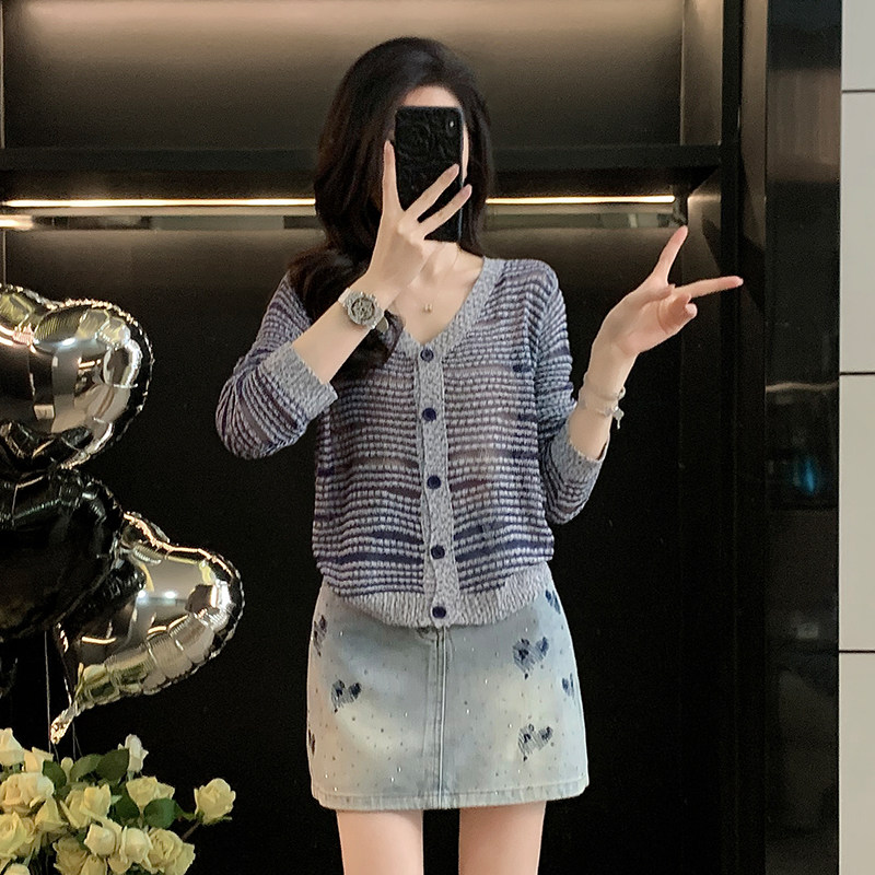 渐变条纹透明长袖针织开衫女外套
