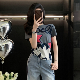 衫 设计感印花短款 上衣潮 休闲宽松显瘦百搭半袖 新款 T恤女短袖 夏季