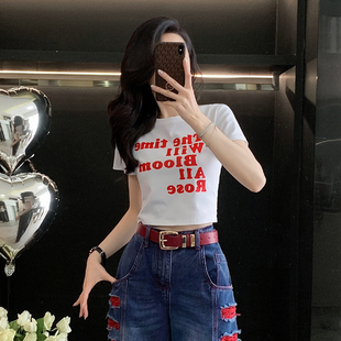 美式辣妹正肩紧身短款t恤女短袖夏季新款露脐修身显瘦半袖衫上衣