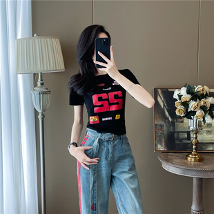 印花露脐紧身短款t恤女短袖夏季新款高腰修身显瘦辣妹半袖衫上衣