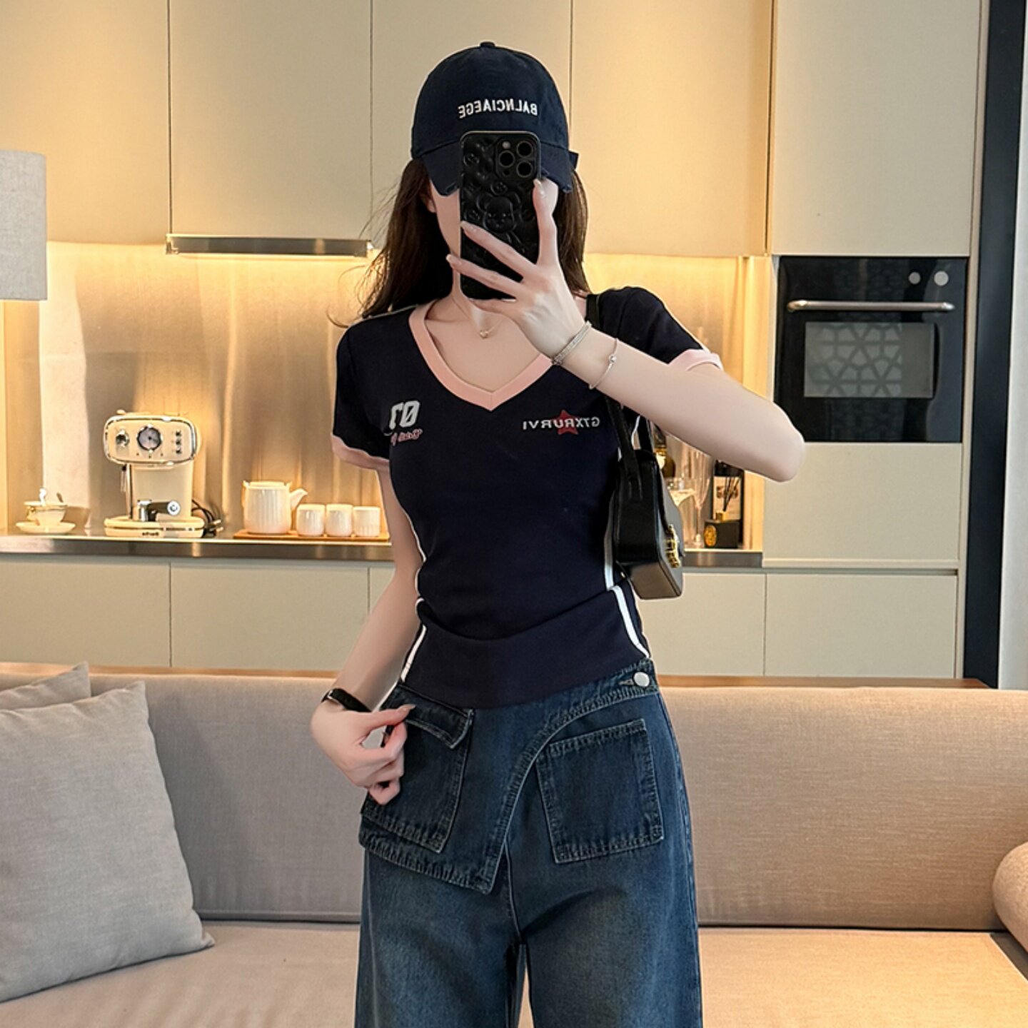 美式复古撞色V领短袖T恤女夏季新款休闲修身显瘦百搭短款半袖上衣