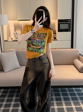 美式辣妹风短袖T恤女夏季新款字母印花修身显瘦百搭短款半袖上衣