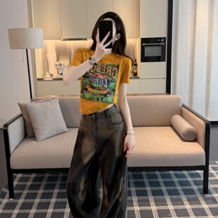 美式辣妹风短袖T恤女夏季新款字母印花修身显瘦百搭短款半袖上衣