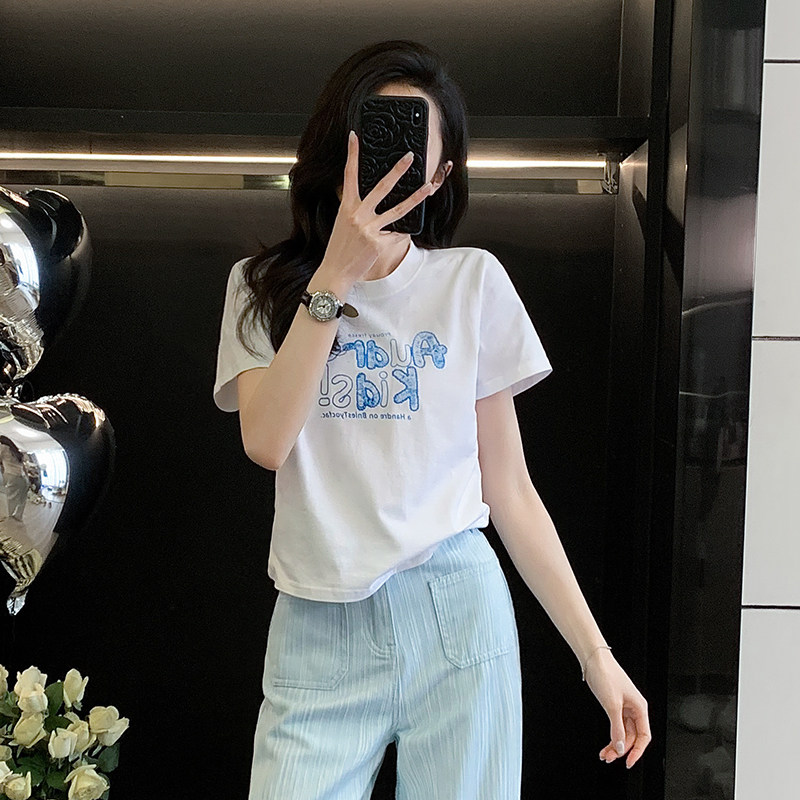 印花刺绣亮片正肩短袖t恤女夏季