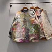 特价 复古文艺洋气印花圆领夹棉拼接棉衣秋冬两面棉服外套 不退换