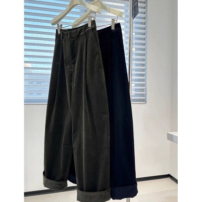 复古墨绿色灯芯绒阔腿裤子女早秋高腰气质通勤宽松直筒翻边休闲裤