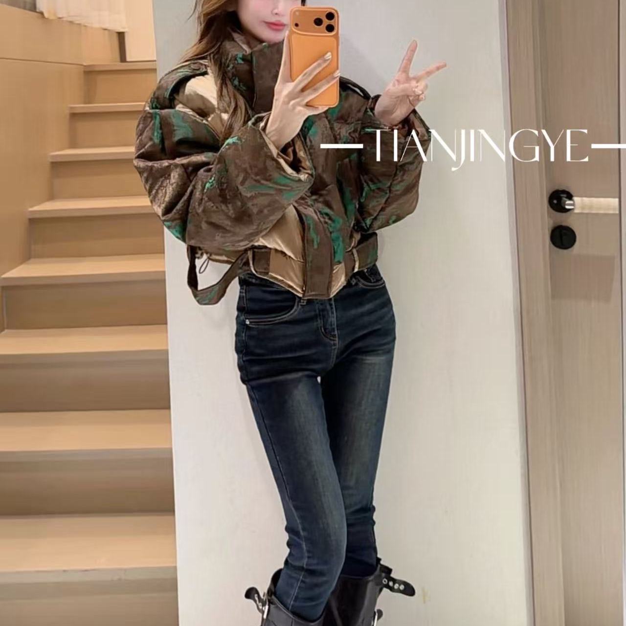 JINGYE25~冬季新款撞色印染短款立领长袖保暖外套