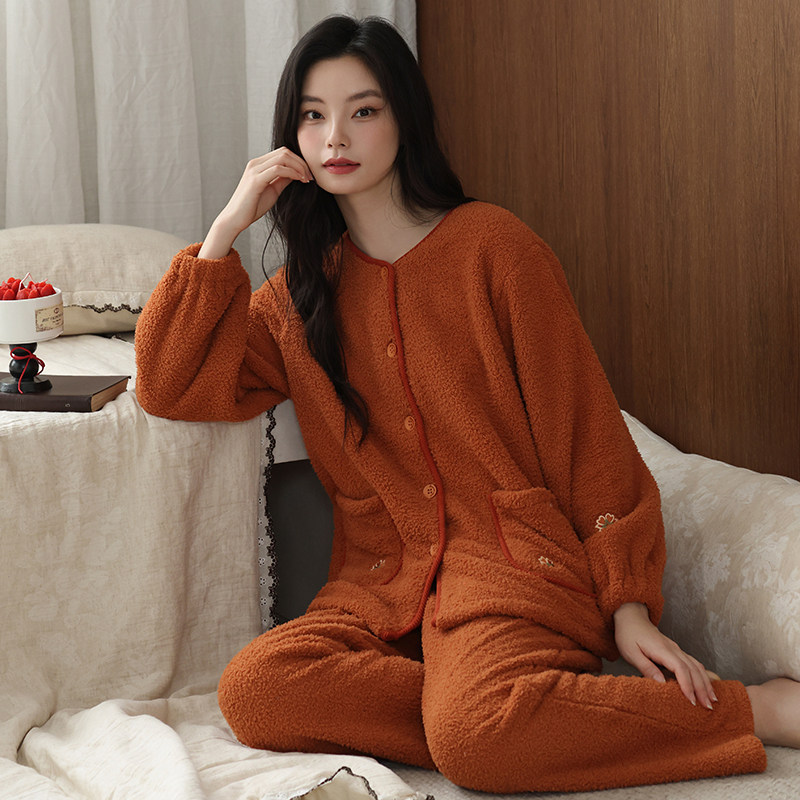 保暖睡衣女春秋冬长袖羔绒家居服
