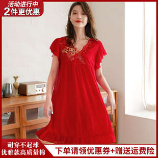 2026新款纯棉大红色妈妈睡裙女夏季短袖中年莫代尔睡衣春秋家居服