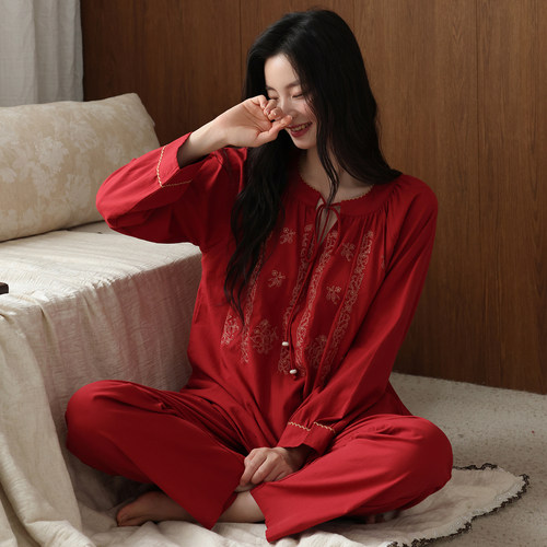 带胸垫红色睡衣女春秋中年本命年