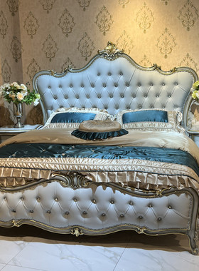 欧式雕花海兰灰色实木雕花真皮卧室床头柜储物描金床法师轻奢