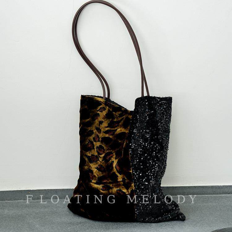 小众时髦动物纹真丝复古豹纹拼亮片托特包单肩FloatingMelody原创