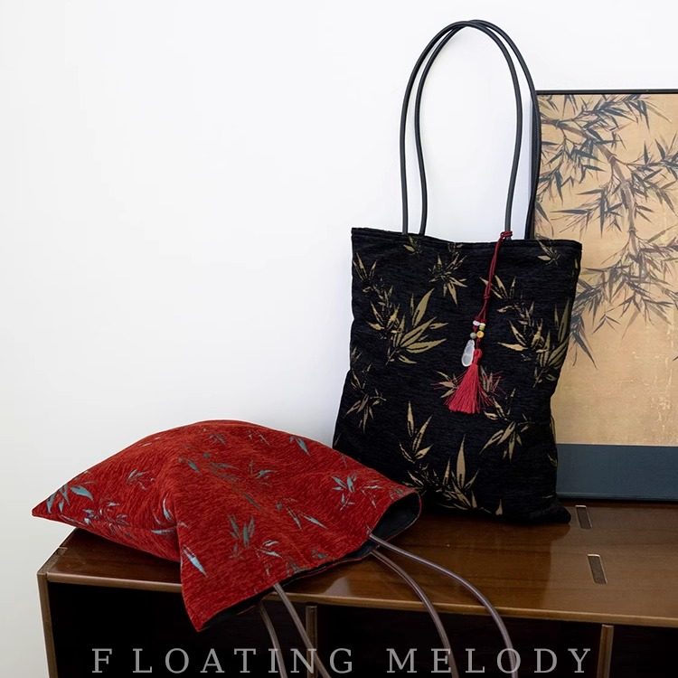 新年款！新中式黑红色古风竹叶绒单肩包FloatingMelody浮月笙原创,箱包皮具/热销女包/男包,托特包,淘宝优惠券,粉丝福利购,淘宝优惠卷