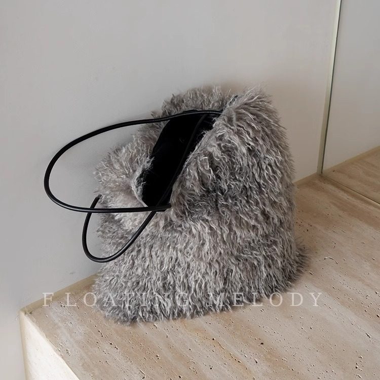 高级慵懒韩灰色滩羊毛环保皮草托特大包FloatingMelody浮月笙原创