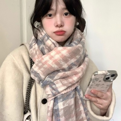 秋冬情侣款粉色围巾保暖加厚锁边