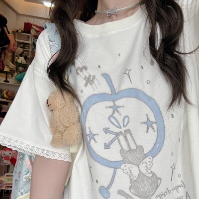 原创音符小猫纯棉花边短袖T恤女