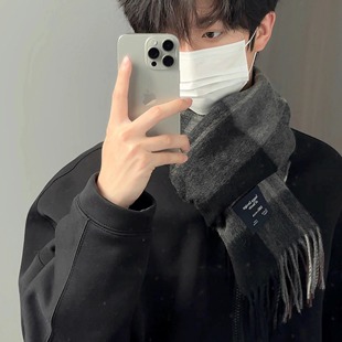 星月豚骨“无声海”纯羊毛格子围巾高品质男款黑灰色小围脖秋冬季