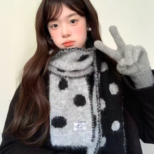 星月豚骨“黑猫波点”黑灰波点设计双面围巾韩系百搭秋冬保暖围脖