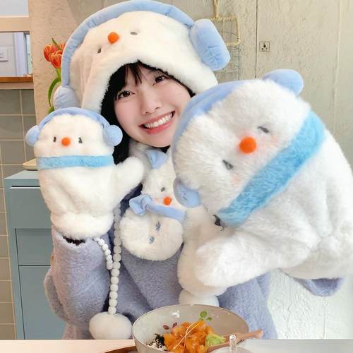 可爱毛绒雪人围巾帽子手套三件套