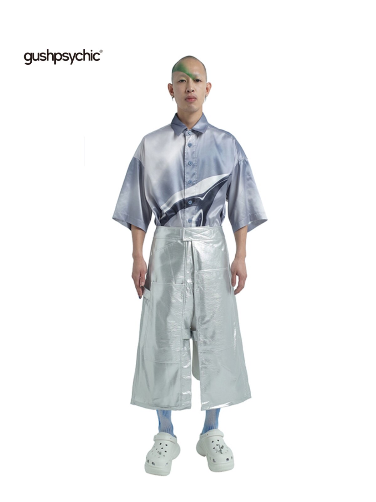 GUSHPSYCHIC STYLING SILVER DECONSTRUCTED LEGGINGS PU FAUX LEATHER TROUSERS SHORT SKIRT PANTS