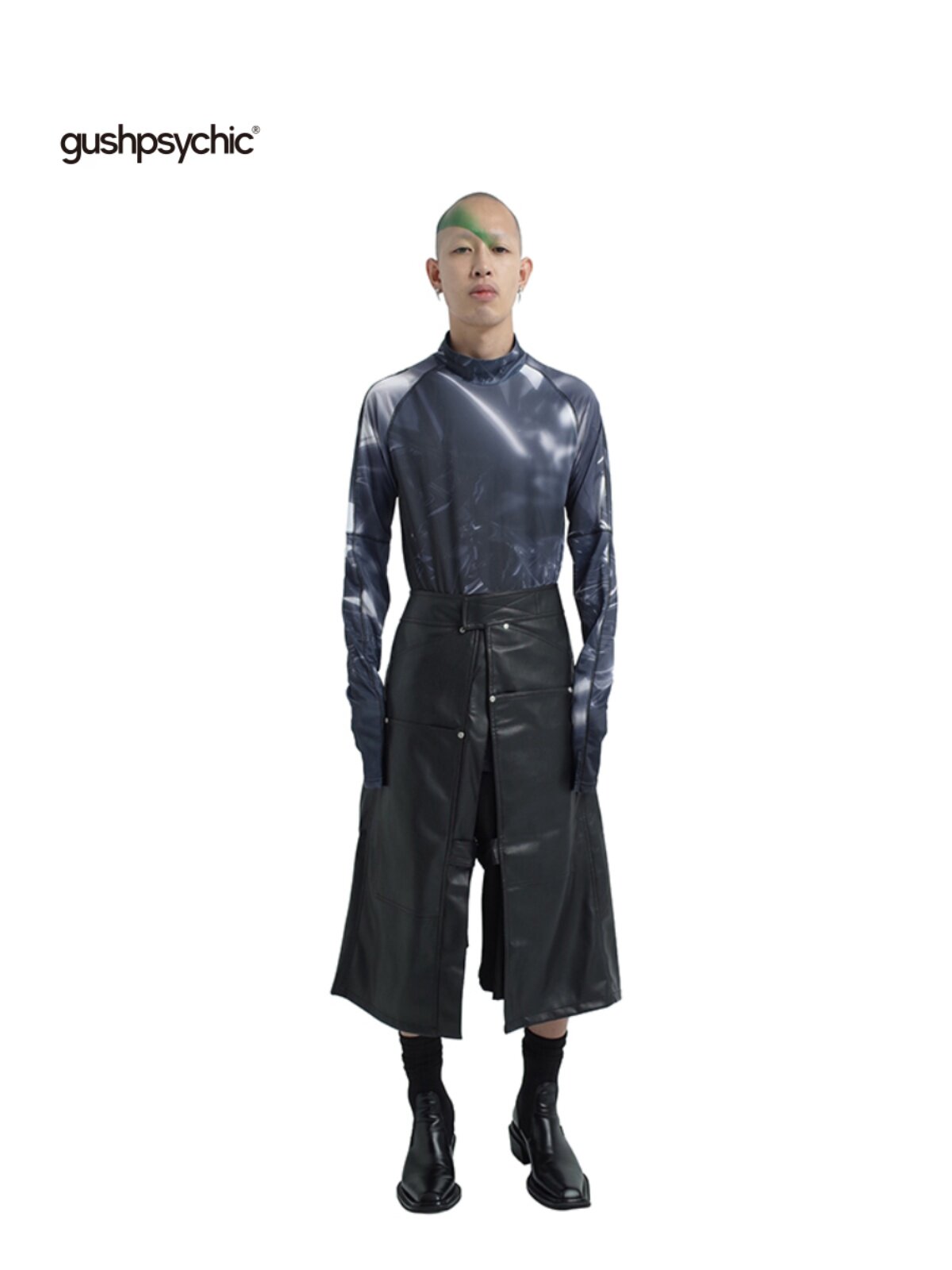 GUSHPSYCHIC STYLING SILVER DECONSTRUCTED LEGGINGS PU FAUX LEATHER TROUSERS SHORT SKIRT PANTS