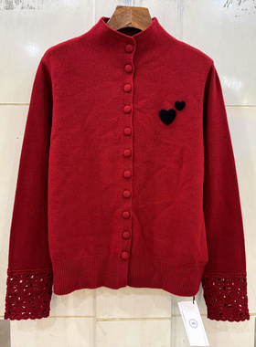 756-9869 撞色植绒爱心镂空钩花袖口单排扣立领羊毛羊绒毛衣开衫