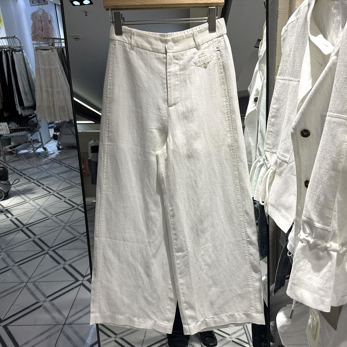 95093 一粒扣松紧高腰休闲宽松百搭舒适天丝亚麻直筒裤女神裤夏装