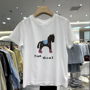 T恤上衣正品 留缘2636 重工钉珠小马圆领短袖 时尚 欧货春夏2026新款