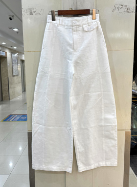 L861B717 纽扣装饰后松紧高腰休闲舒适汉麻弯刀裤白色女裤欧货夏