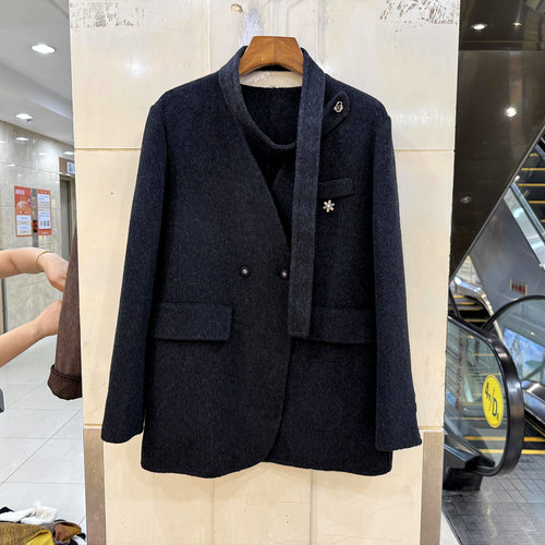 26609飘带V领双面羊毛呢西装外套