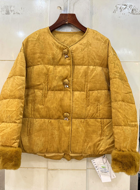 08166B 订花朵三粒扣复古提花水貂毛袖口圆领短装高端羽绒服冬装