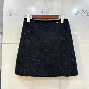 Beauty 贝壳扣丝绒包边高腰前开叉小香风防走光半身裙短裙冬 6243