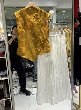 东方玫慧子26139 不规则斜门禁扣立领无袖衬衣白色阔腿裤国风套装