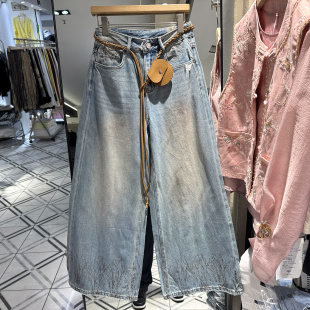 麻绳荷包腰带树枝印花复古牛仔阔腿裤 L205 2026时尚 款 欧洲站春季