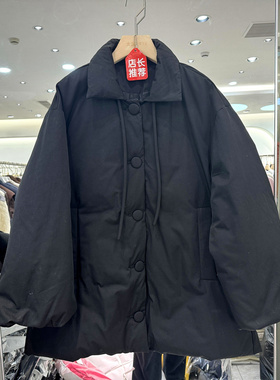 芷炫Z58130 灯笼泡泡袖飘带翻领单排扣休闲A字小个中长羽绒服冬装