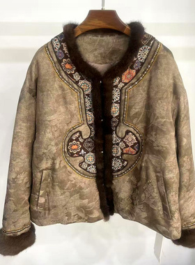 BLT25-BE221 水貂毛边圆领袖口毛刺绣花国风轻奢短鹅绒羽绒服冬装