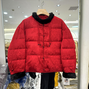 水貂毛立领西裤 旭雅婷X 2565 毛流苏盘扣提花国风短羽绒服冬