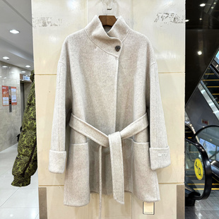 8817 一粒扣斜门禁立领系带收腰洋气小个中长双面羊绒呢大衣冬装