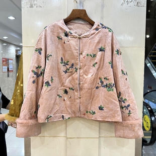 63216 口重工亮片刺绣花盘扣圆领亚麻国风桑蚕丝棉衣外套 水貂毛袖