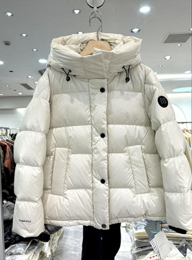 08218 欧洲站冬装2025新款高级感袖标后抽绳连帽加厚短亮面羽绒服