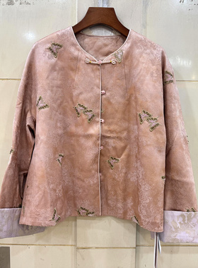 菲沿FY9195 珍珠盘扣鸡心领蝴蝶刺绣花人丝亚麻国风轻奢外套春装