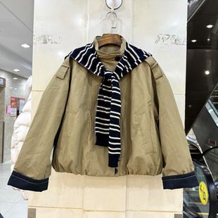 33-36750 条纹针织斗篷披肩单排扣立领风衣式短装羽绒服外套冬装