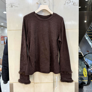 冬 口复古提花圆领加绒弹力显瘦T恤打底衫 艾嫚伊A28936 水貂毛边袖