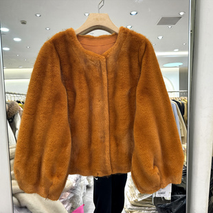 依芙恩58D82 时尚灯笼袖圆领休闲减龄短装皮毛一体皮草外套冬装女