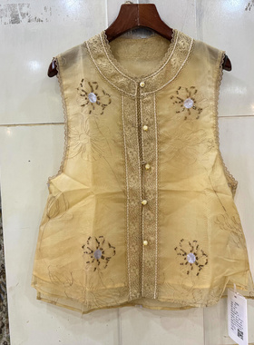 菲沿FY9537 重工串珠刺绣花珍珠扣圆领轻奢桑蚕丝国风马甲薄外套