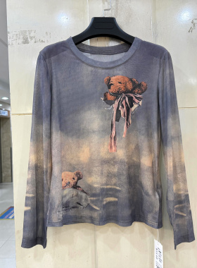 赫琳娜2312 卡通小熊印花圆领透气弹力显瘦网布T恤小衫上衣春装女