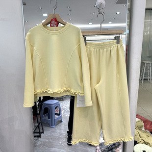 休闲八分裤 运动减龄两件套欧货春 木耳花边圆领卫衣上衣 芷炫2696