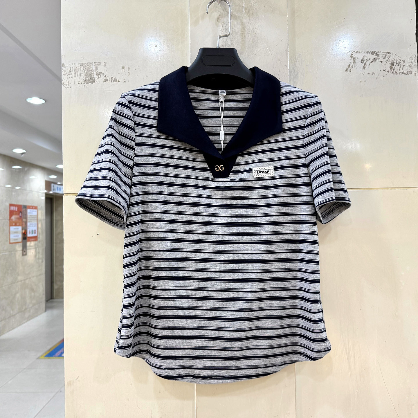 JY26XX053 时尚翻领短袖弹力修身显瘦短装条纹T恤小衫上衣夏正品