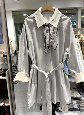 尚青6021 花色丝巾翻领单排扣系带收腰小个韩系中长风衣外套春装